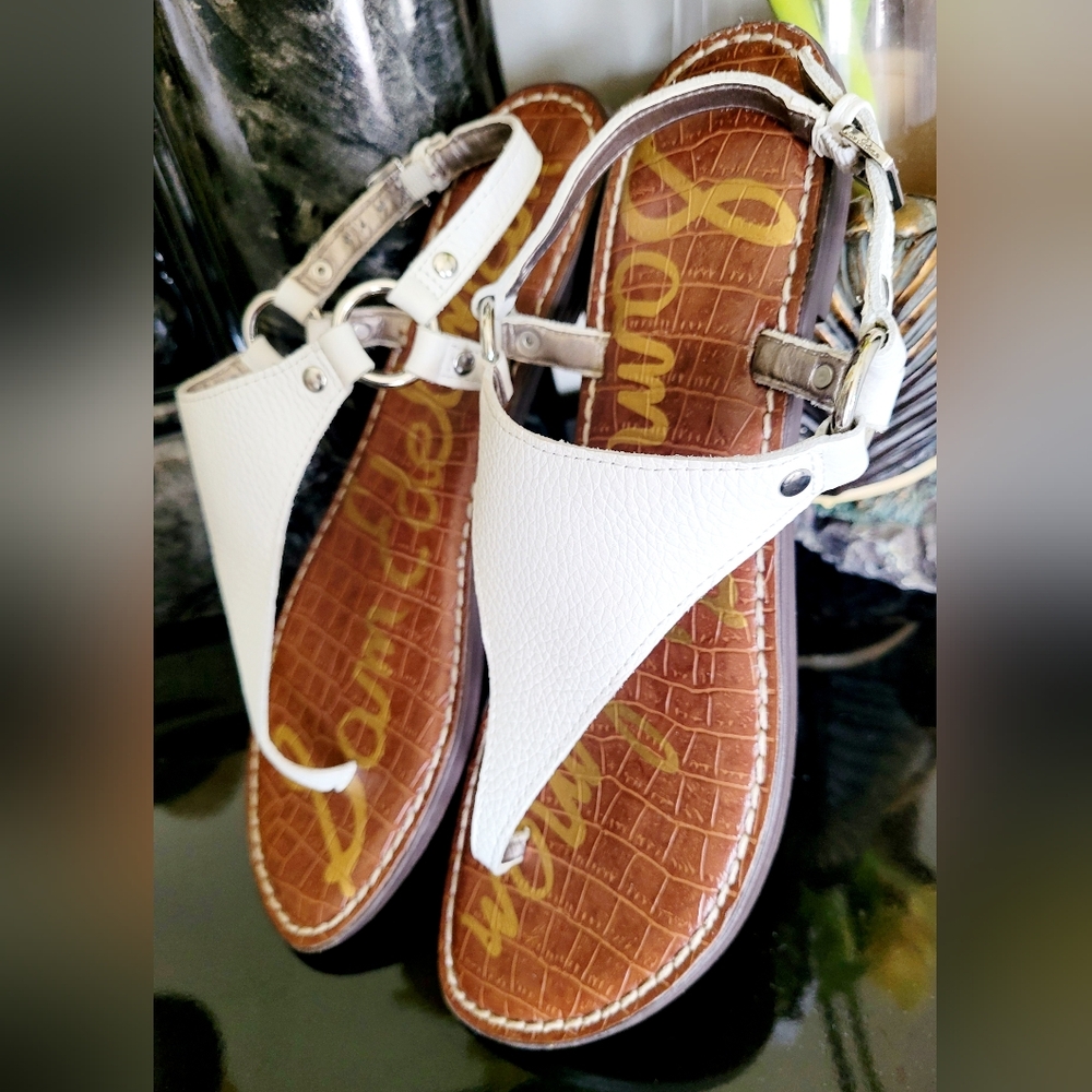 Sam Edelman Greta Pebbled Leather White Thong Slingback Sandals US 9